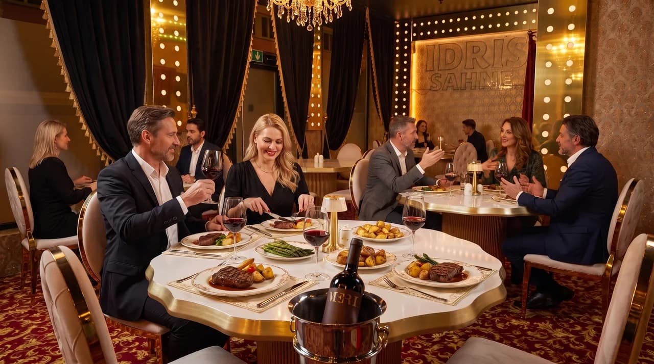 Illustrert middag med gjester som spiser biff og drikker vin i Grand Event