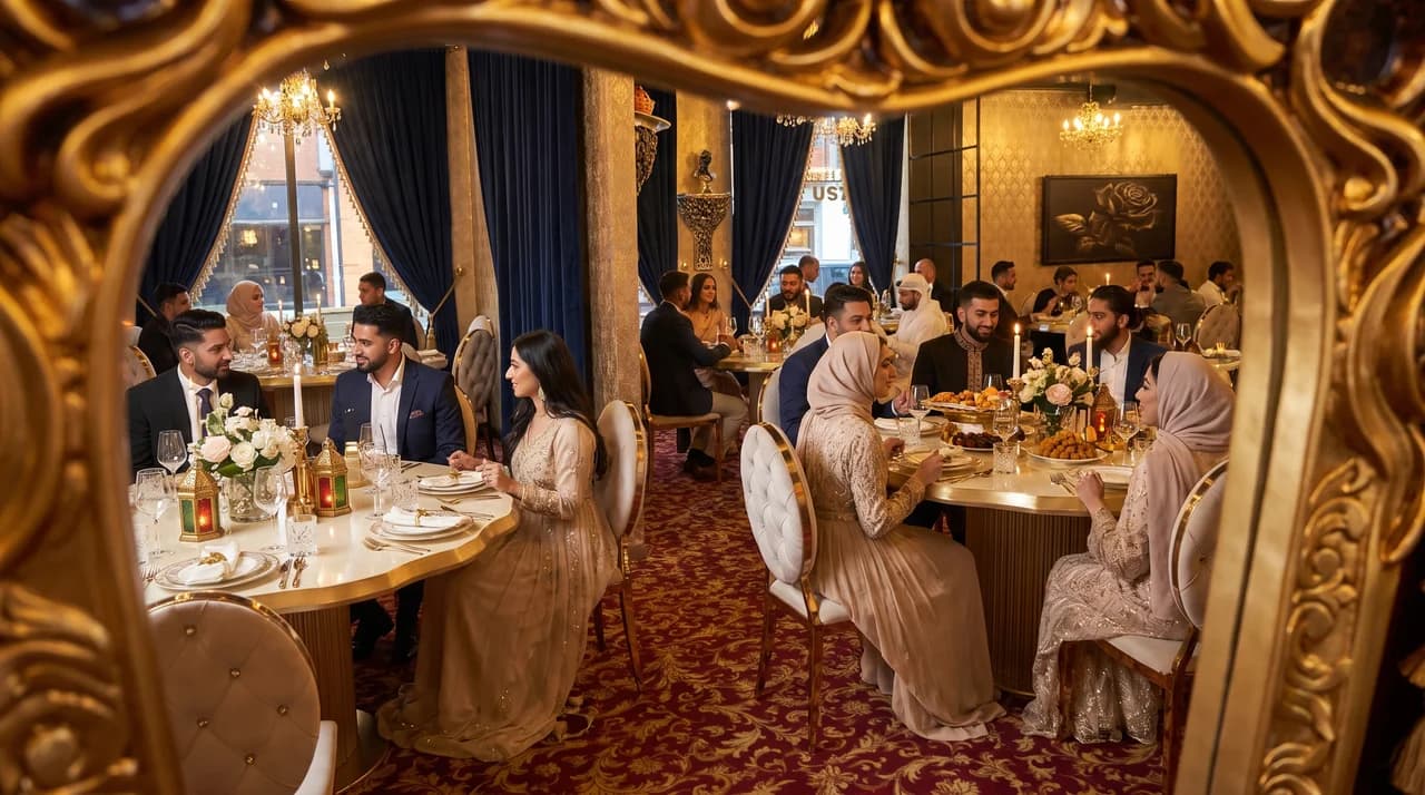 Illustrert eid-middag med gjester rundt bordene i Grand Event